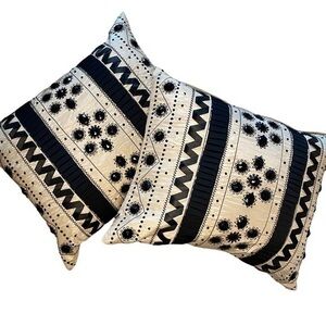 Crate&Barrel Black Cream Silk Embellished Embroidered Accent Pillows EUC